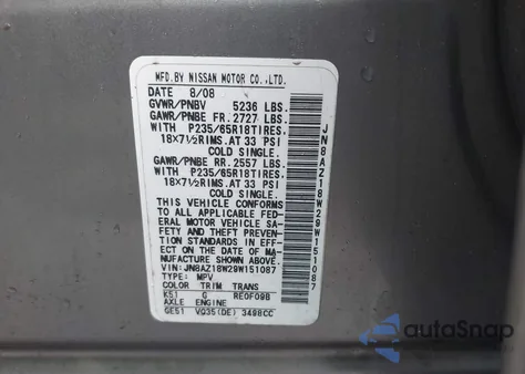 2009 Nissan Murano Sl z USA, uszkodzony, nr VIN JN8AZ18W29W151087